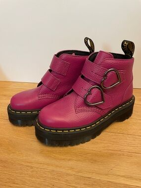 Dr. Martens Fuchsia Leather Devon Heart-Buckle Platform Ankle Boots